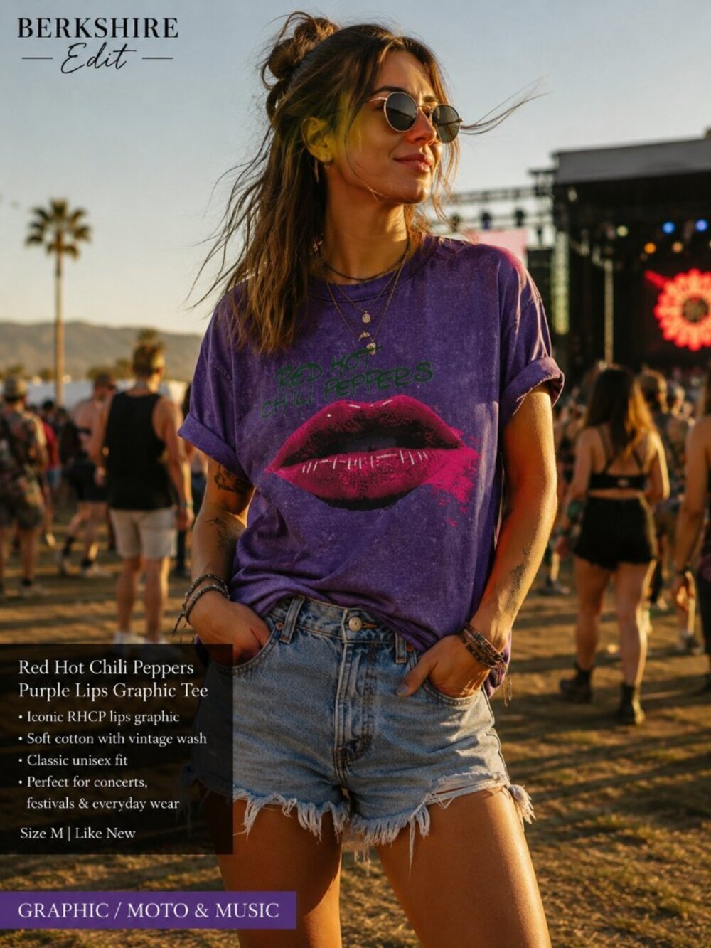 Red Hot Chili Peppers Lips Graphic Band Tee Purple Rock Shirt Size M
